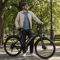 Homme debout avec le vélo électrique LOOKROAD L28 MIN dans un parc