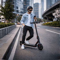Homme marchant à côté de la trottinette électrique Nanrobot H1 en ville