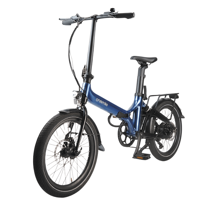 Vélo électrique pliant Onemile E1P vu de trois-quarts avant coloris bleu