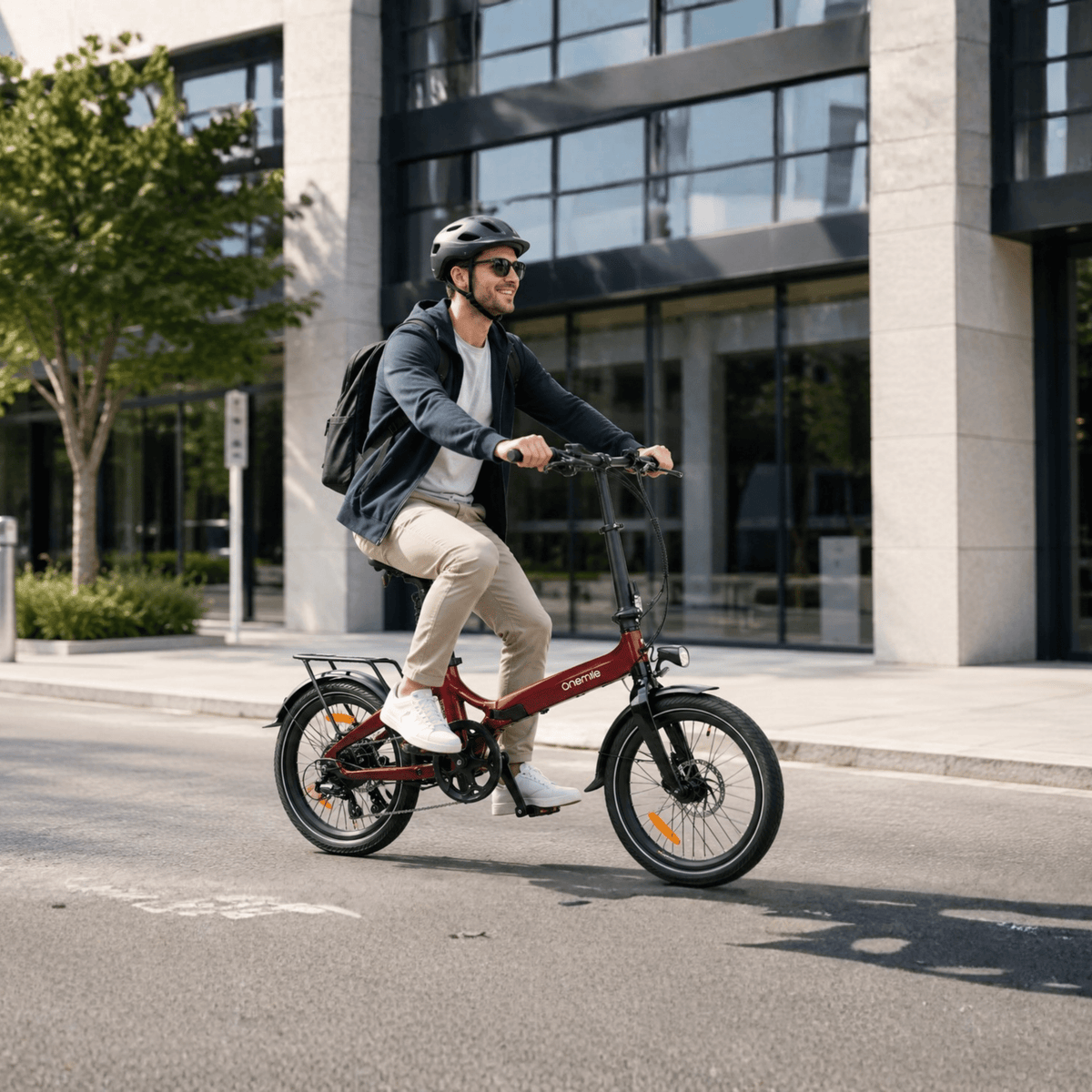 Homme roulant sur le vélo électrique pliant Onemile E2 en ville