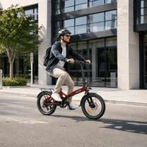 Homme roulant sur le vélo électrique pliant Onemile E2 en ville