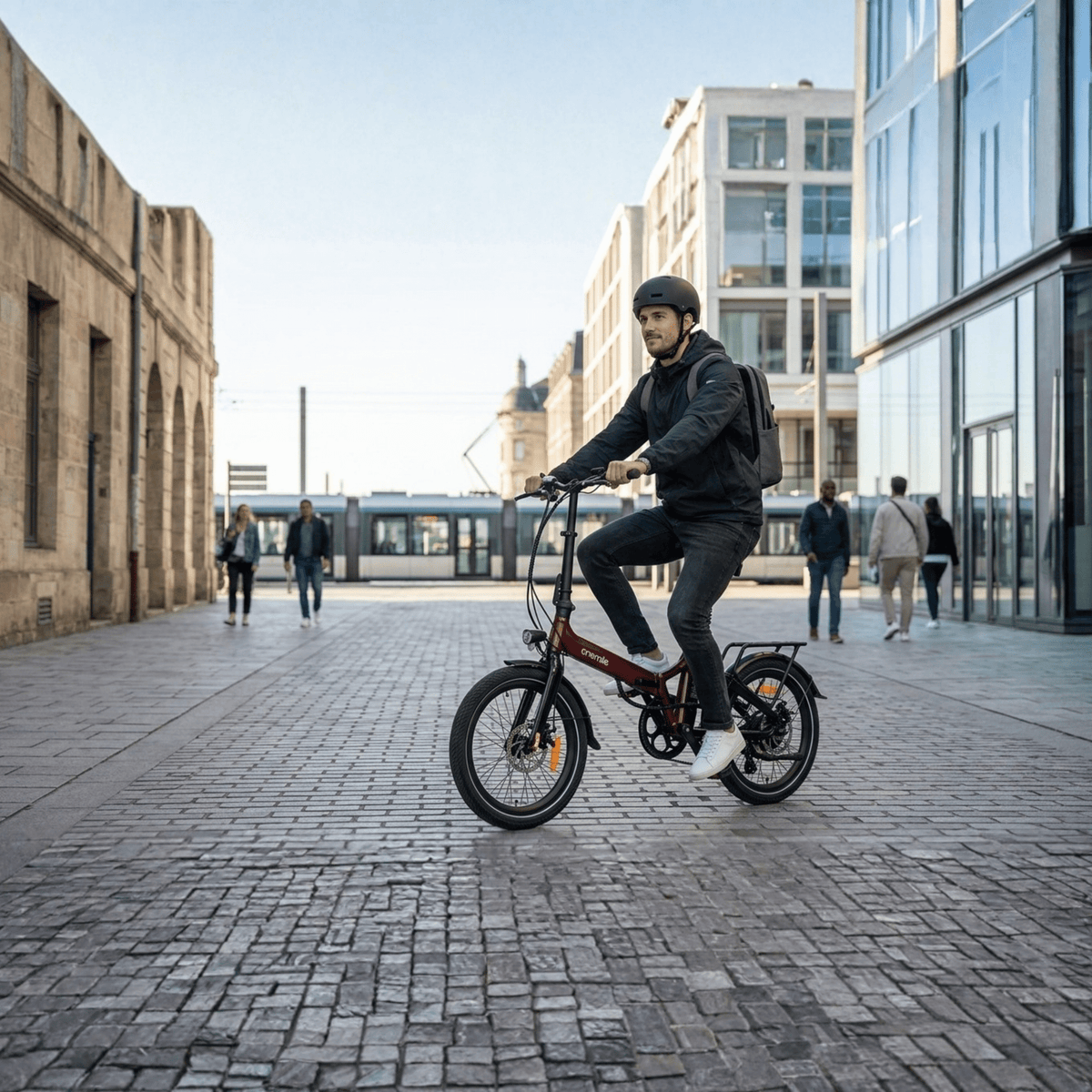 Homme roulant sur le vélo électrique pliant Onemile E2 dans une rue