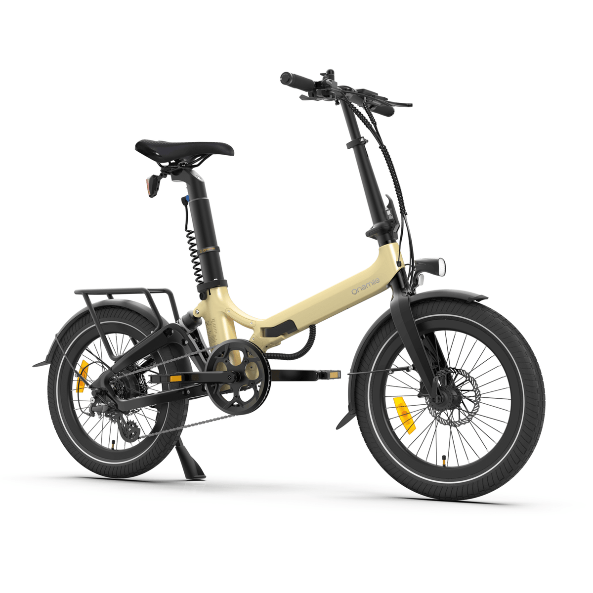 Vélo électrique pliant Onemile E2 vu de trois-quarts avant coloris beige