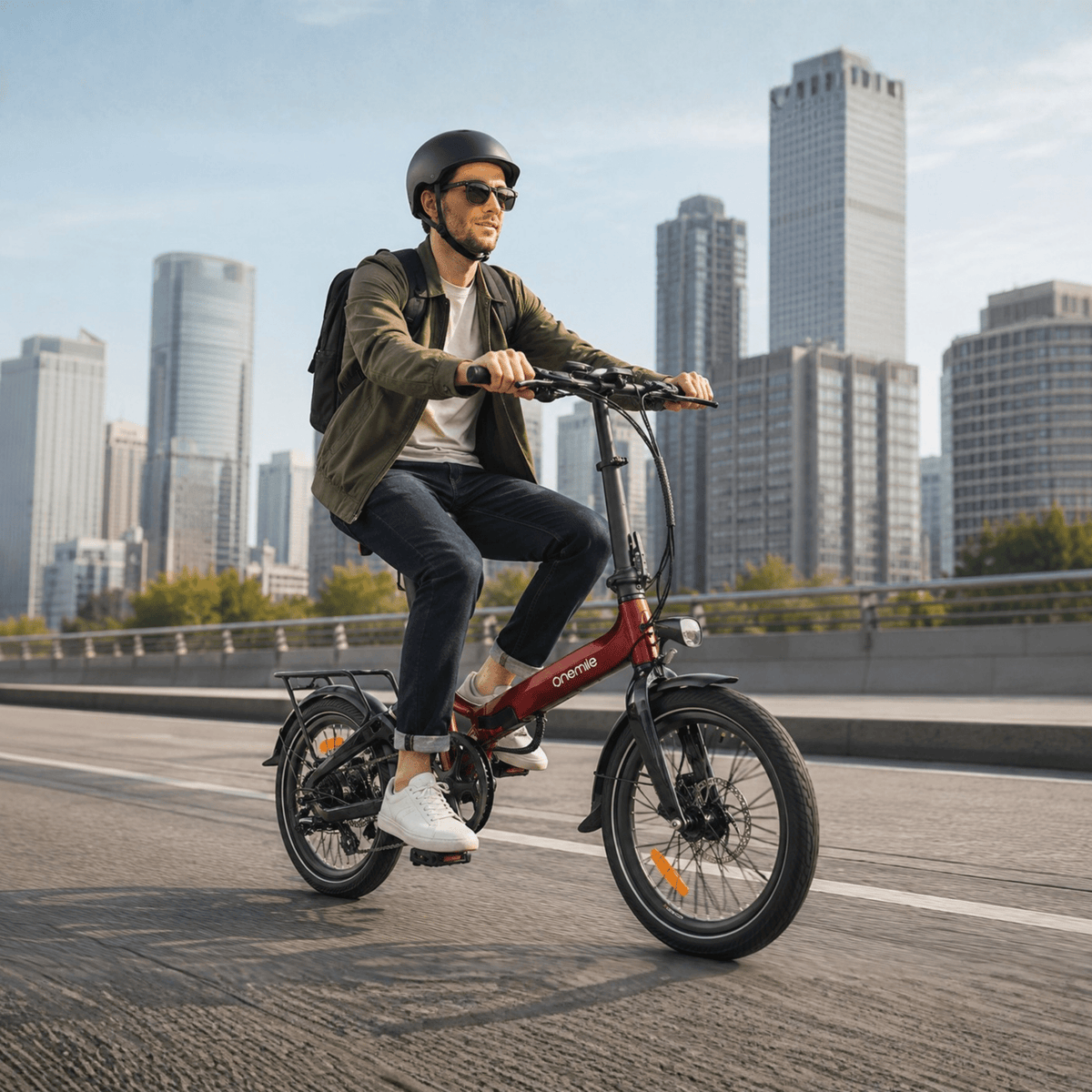 Homme roulant sur le vélo électrique pliant Onemile E2 en ville au soleil