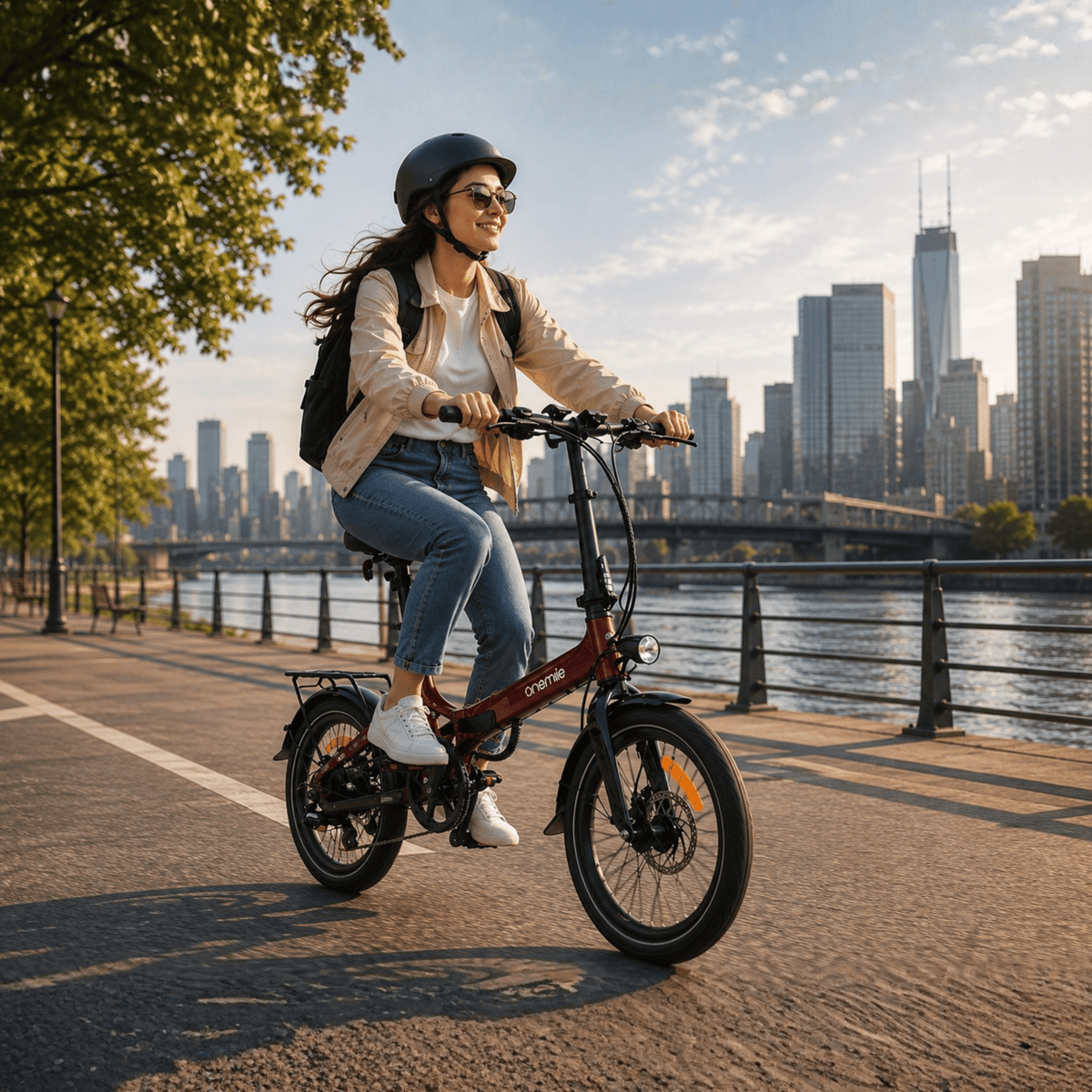 Femme roulant sur le vélo électrique pliant Onemile E2 sur une allée
