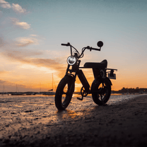 Vélo électrique fat bike Onemile P40 Pro vu de profil au coucher du soleil