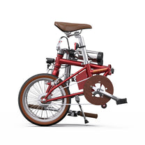 Vélo électrique pliant OneSport OT02 plié, vu de profil coloris rouge