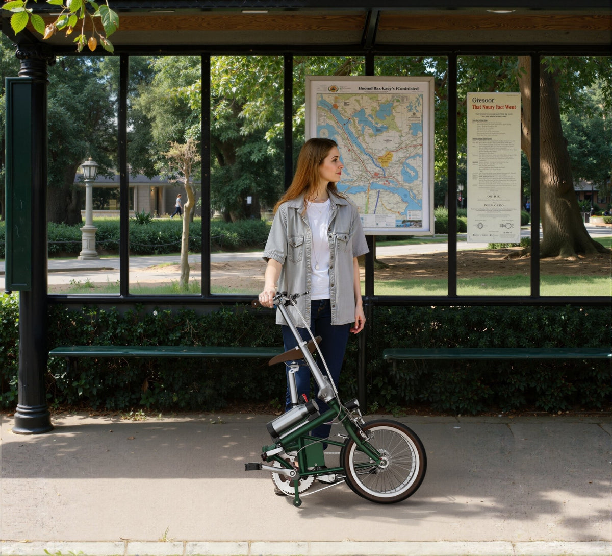 Femme debout avec le vélo électrique pliant OneSport OT02 en ville