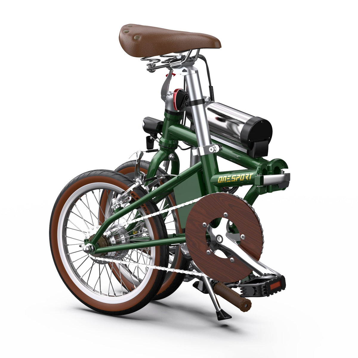 Vélo électrique pliant OneSport OT02 plié, vu de trois-quarts avant coloris vert