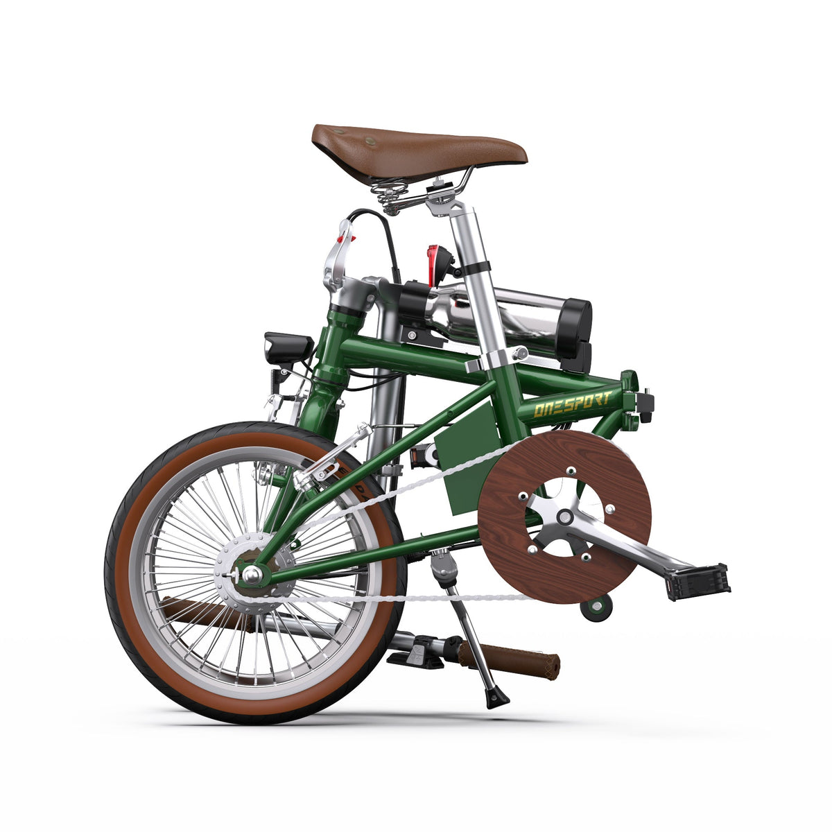 Vélo électrique pliant OneSport OT02 plié, vu de profil coloris vert