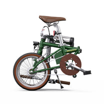 Vélo électrique pliant OneSport OT02 plié, vu de profil coloris vert