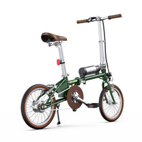Vélo électrique pliant OneSport OT02 vu de profil coloris vert en contre-plongée