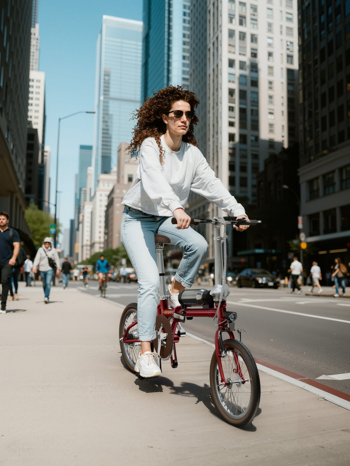 Femme roulant sur le vélo électrique pliant OneSport OT02 en ville