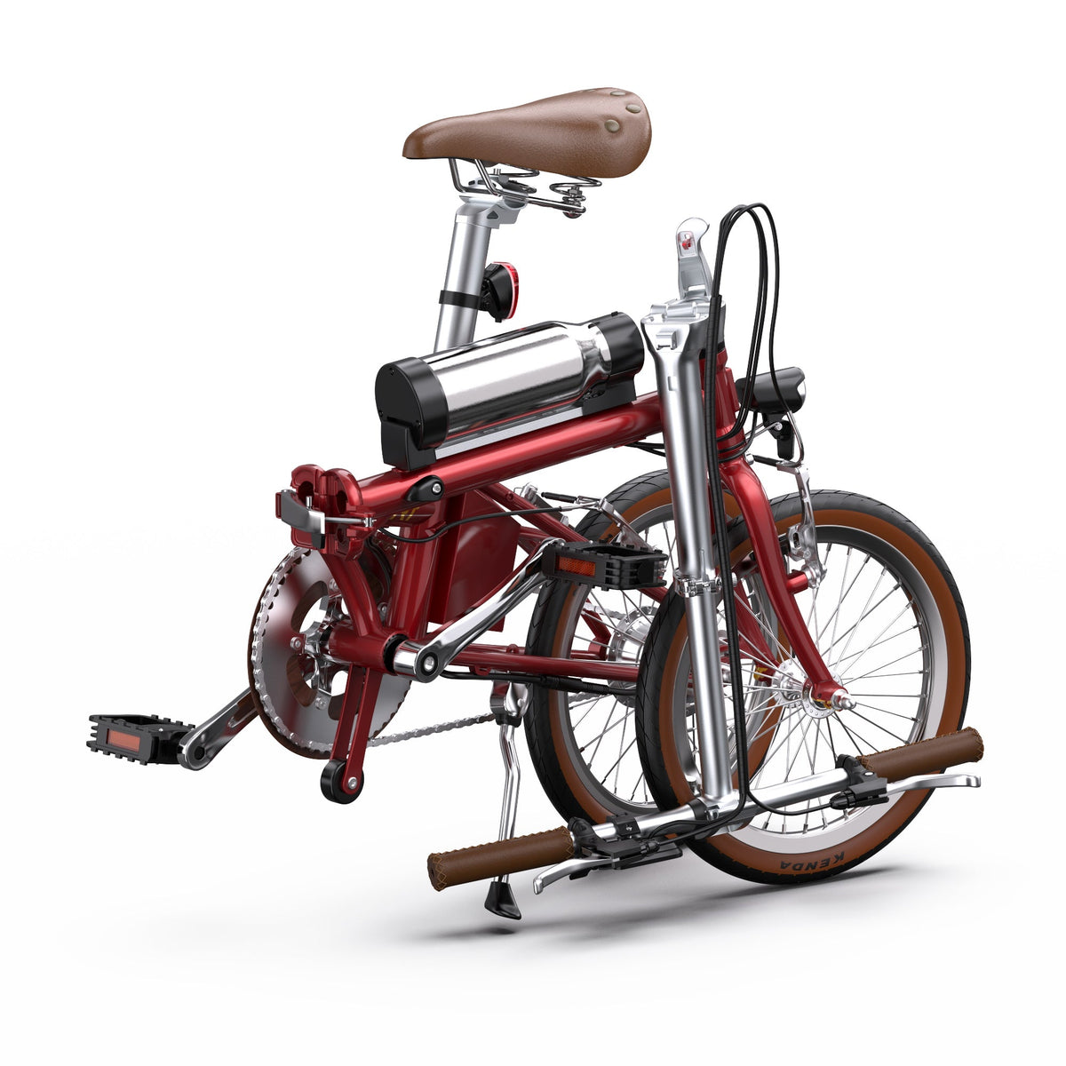 Vélo électrique pliant OneSport OT02 plié coloris rouge vu de dessus