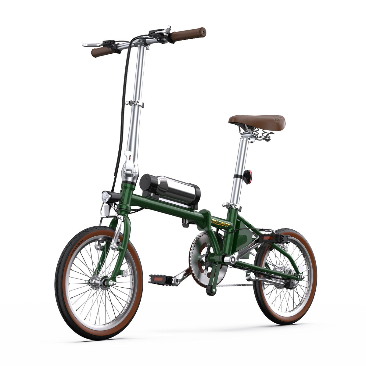 Vélo électrique pliant OneSport OT02 vu de trois-quarts avant coloris vert