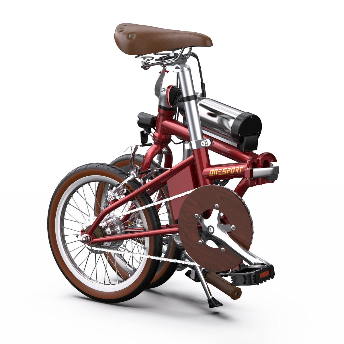 Vélo électrique pliant OneSport OT02 plié, vu de trois-quarts avant coloris rouge