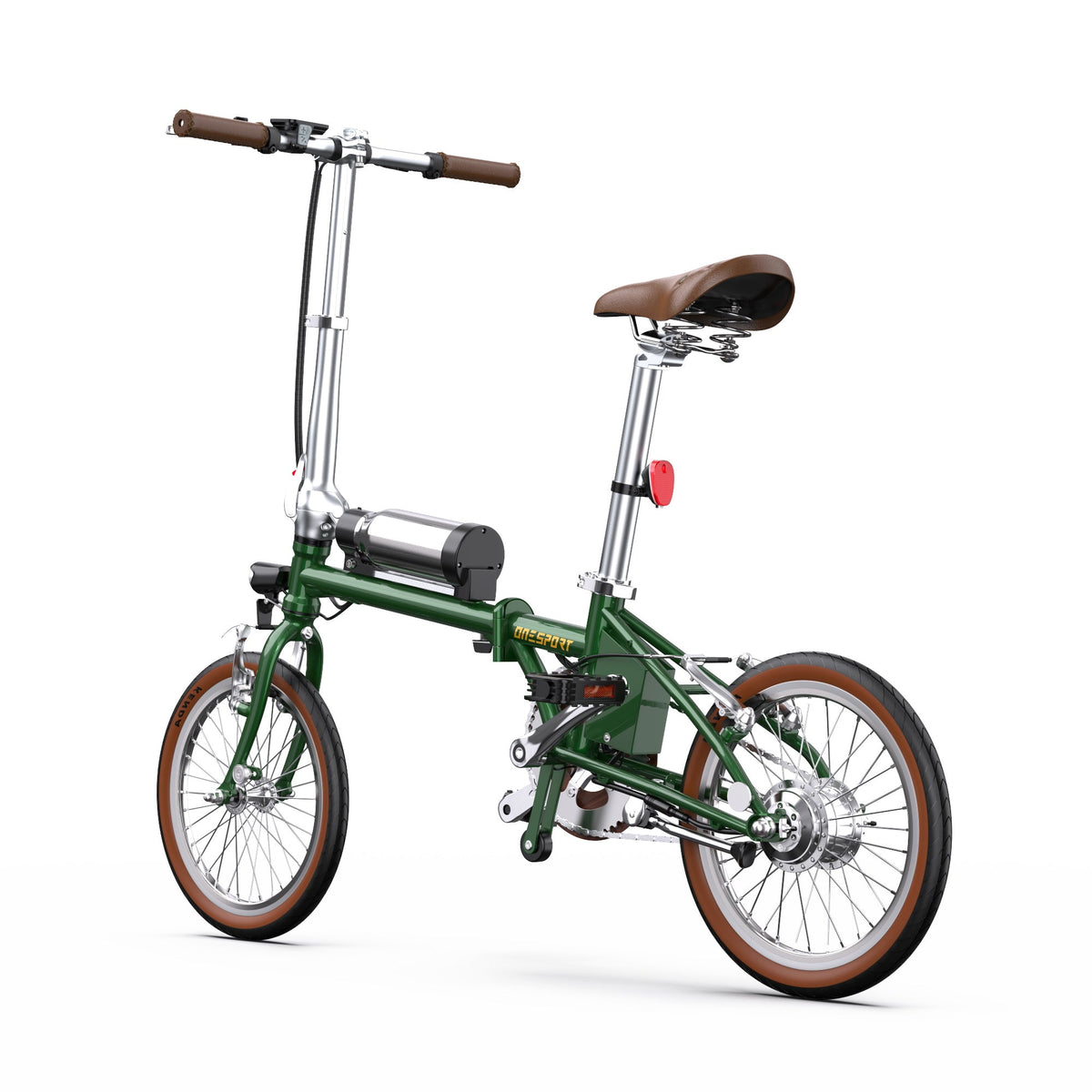 Vélo électrique pliant OneSport OT02 vu de trois-quarts avant coloris vert en contre-plongée
