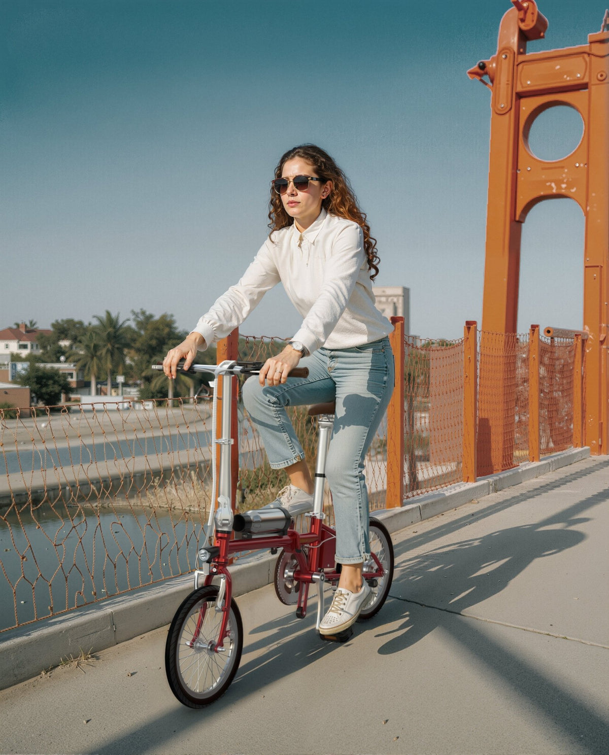 Femme roulant sur le vélo électrique pliant OneSport OT02 sur un pont au soleil
