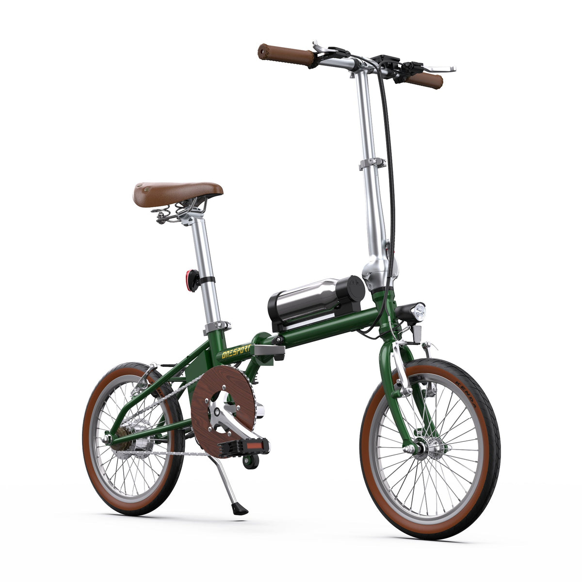 Vélo électrique pliant OneSport OT02 vu de trois-quarts arrière coloris vert