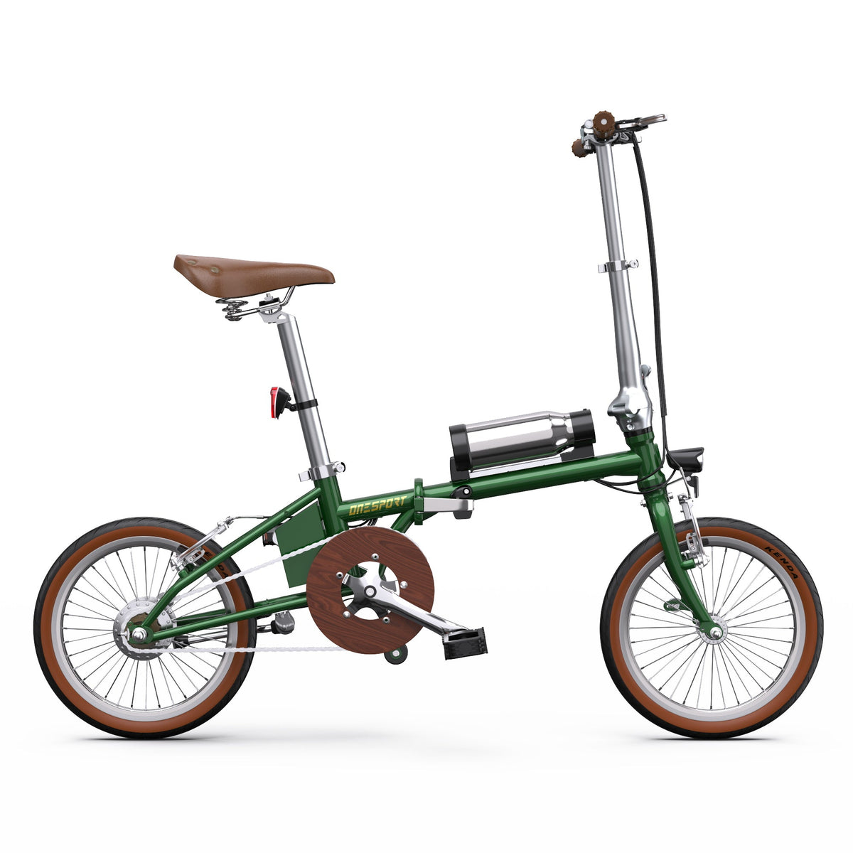 Vélo électrique pliant OneSport OT02 vu de profil de l'autre côté coloris vert