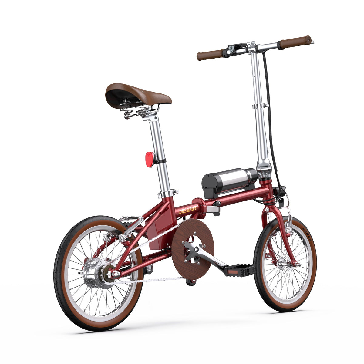 Vélo électrique pliant OneSport OT02 vu de trois-quarts arrière coloris rouge vu de dessus