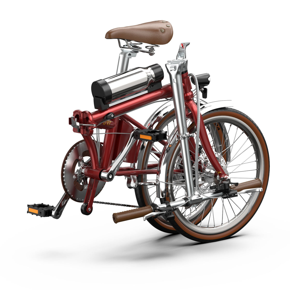 Vélo électrique pliant OneSport OT02 Pro plié, vu de trois-quarts avant coloris rouge