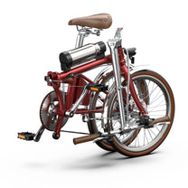 Vélo électrique pliant OneSport OT02 Pro plié, vu de trois-quarts avant coloris rouge