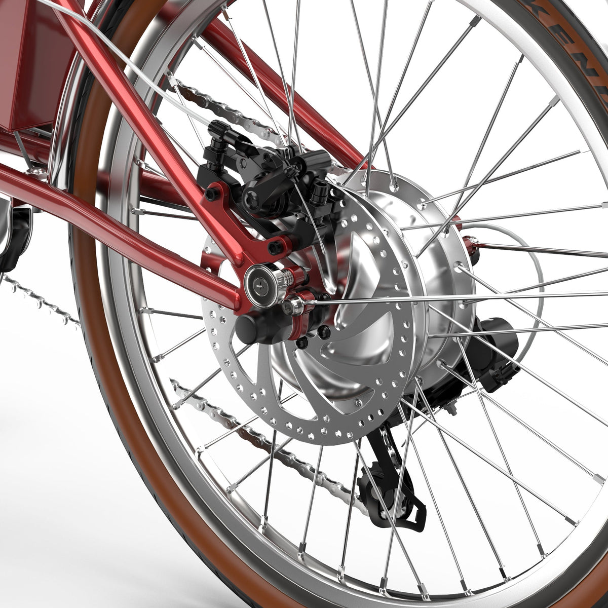Dérailleur et chaîne de l'OneSport OT02 Pro coloris rouge en gros plan