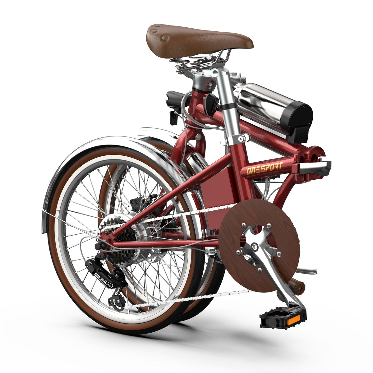 Vélo électrique pliant OneSport OT02 Pro plié de dos coloris rouge