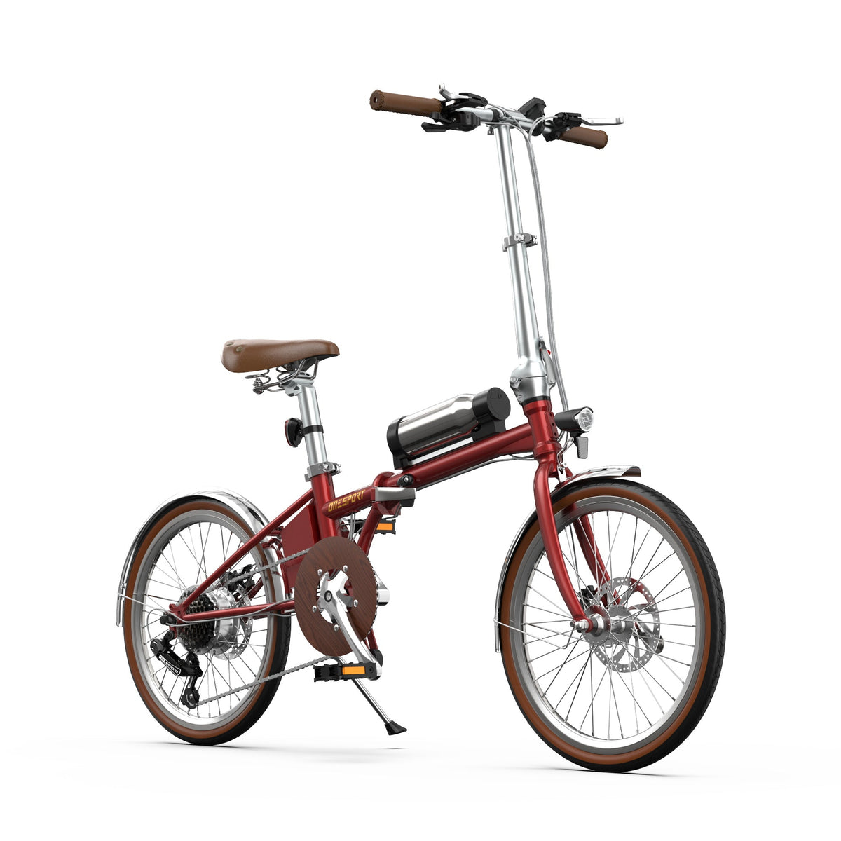 Vélo électrique pliant OneSport OT02 Pro, vue de trois-quarts avant du côté opposé en rouge