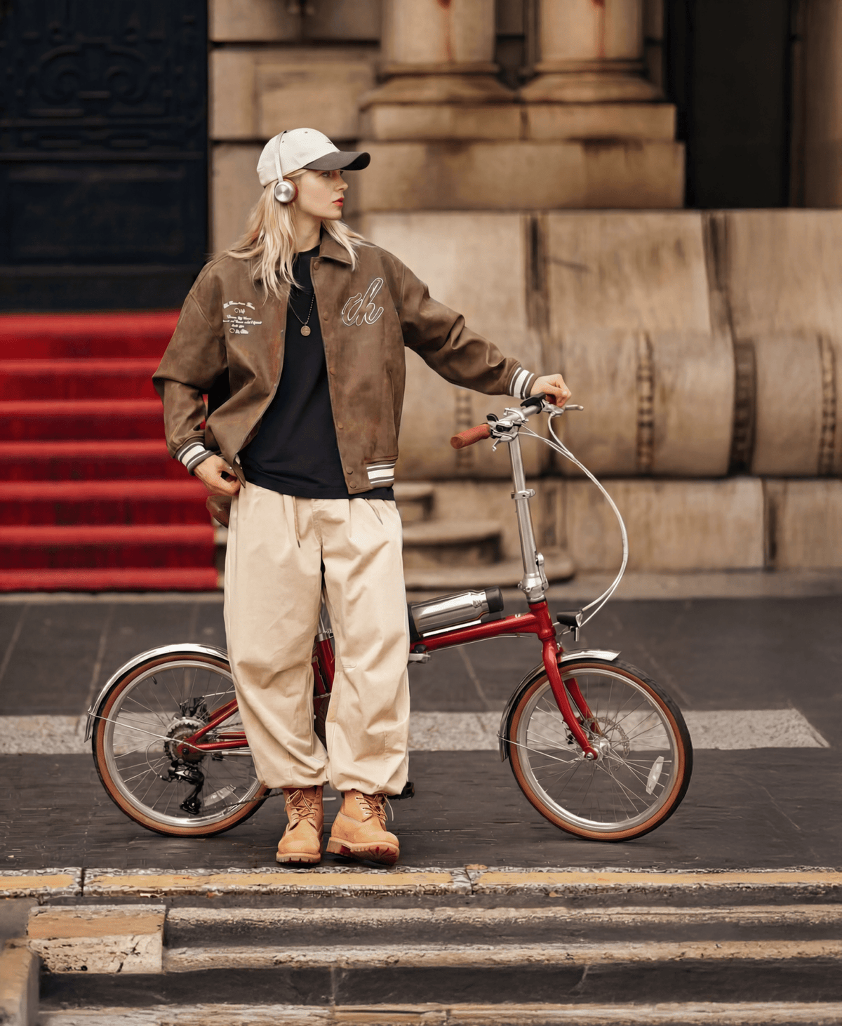 Homme debout avec le vélo électrique pliant OneSport OT02 Pro coloris rouge dans une rue