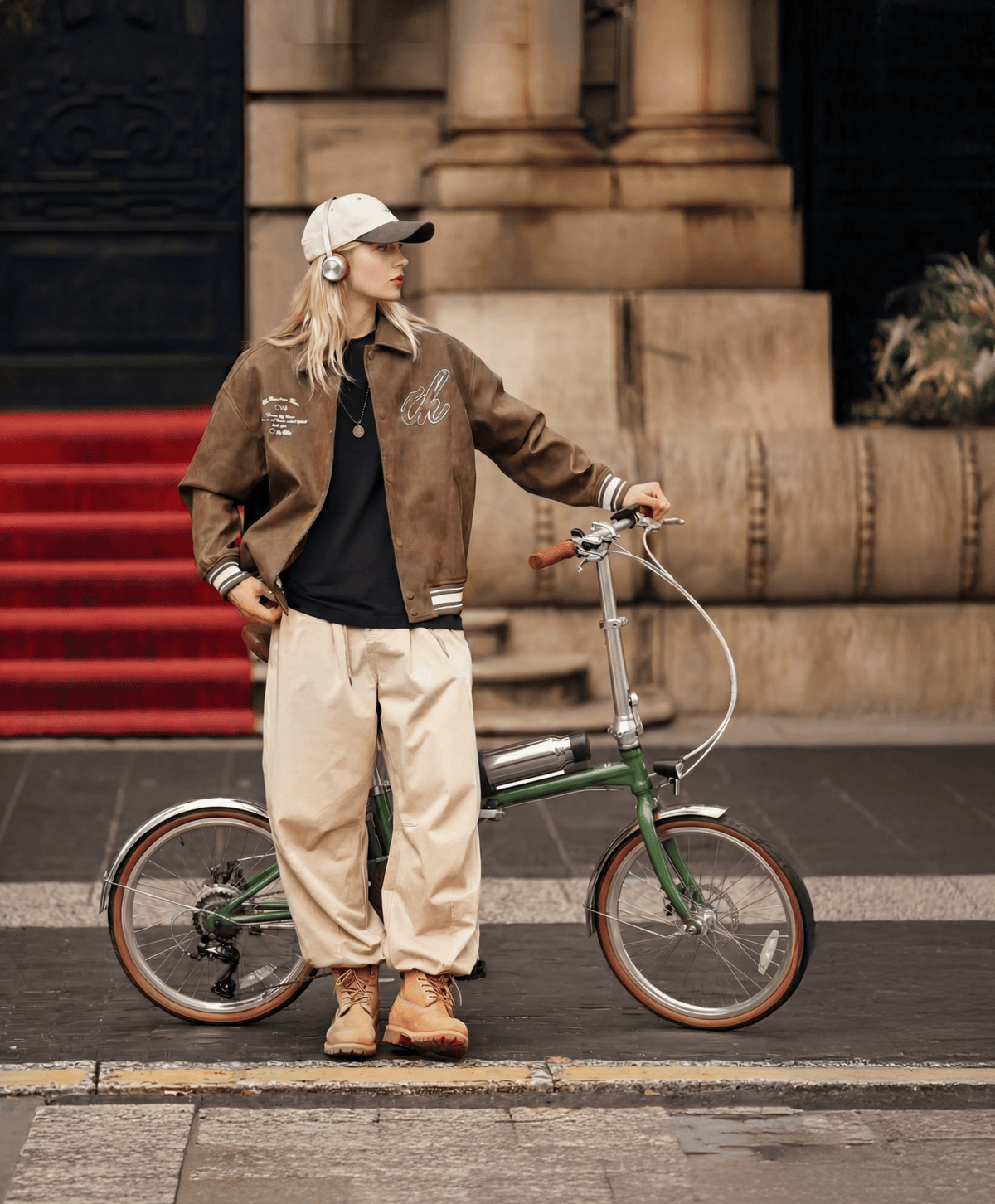 Homme debout avec le vélo électrique pliant OneSport OT02 Pro coloris vert dans une rue