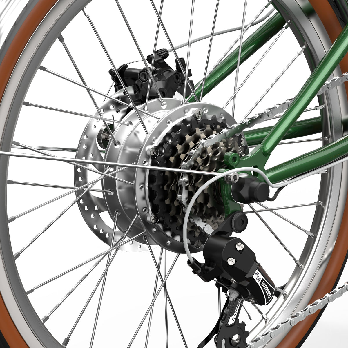 Dérailleur et chaîne de l'OneSport OT02 Pro coloris vert en gros plan