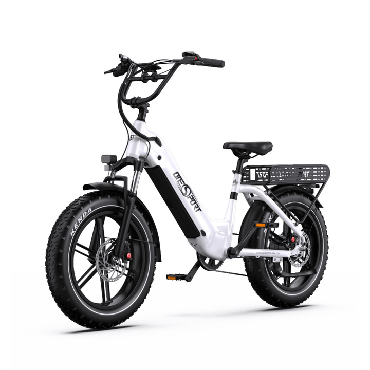 Vélo électrique fat bike OneSport OT08 vu de trois-quarts avant coloris blanc