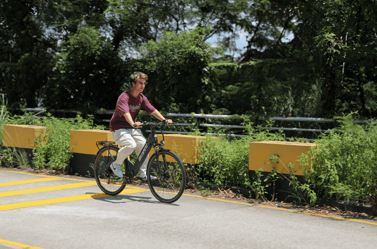 Personne roulant sur le vélo électrique OneSport OT12 coloris noir dans un parc