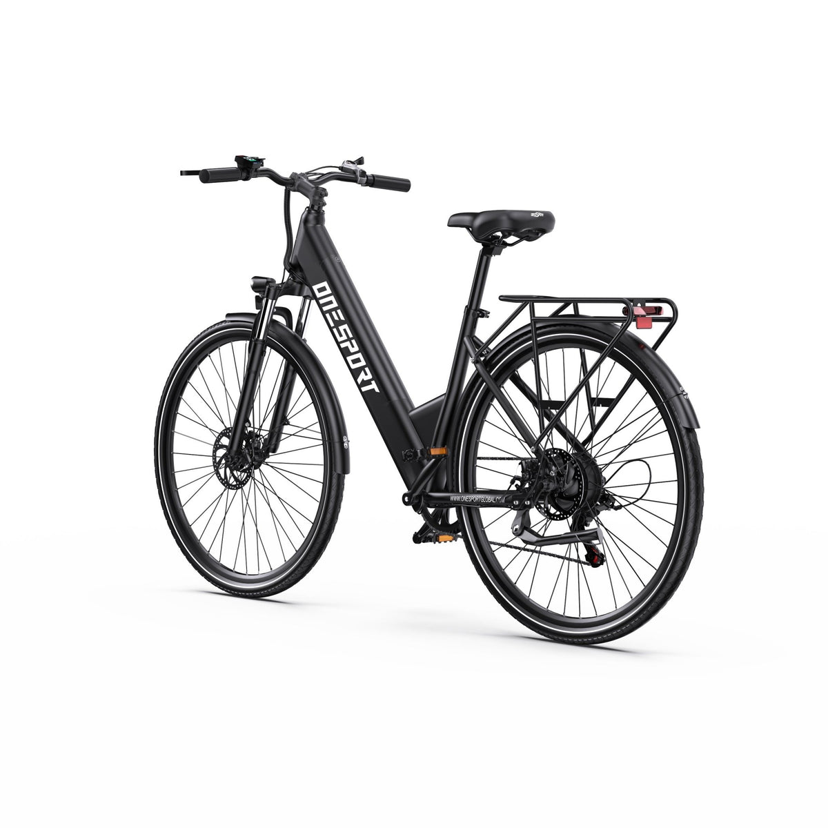 Vélo électrique OneSport OT12 vu de trois-quarts arrière de l'autre côté coloris noir