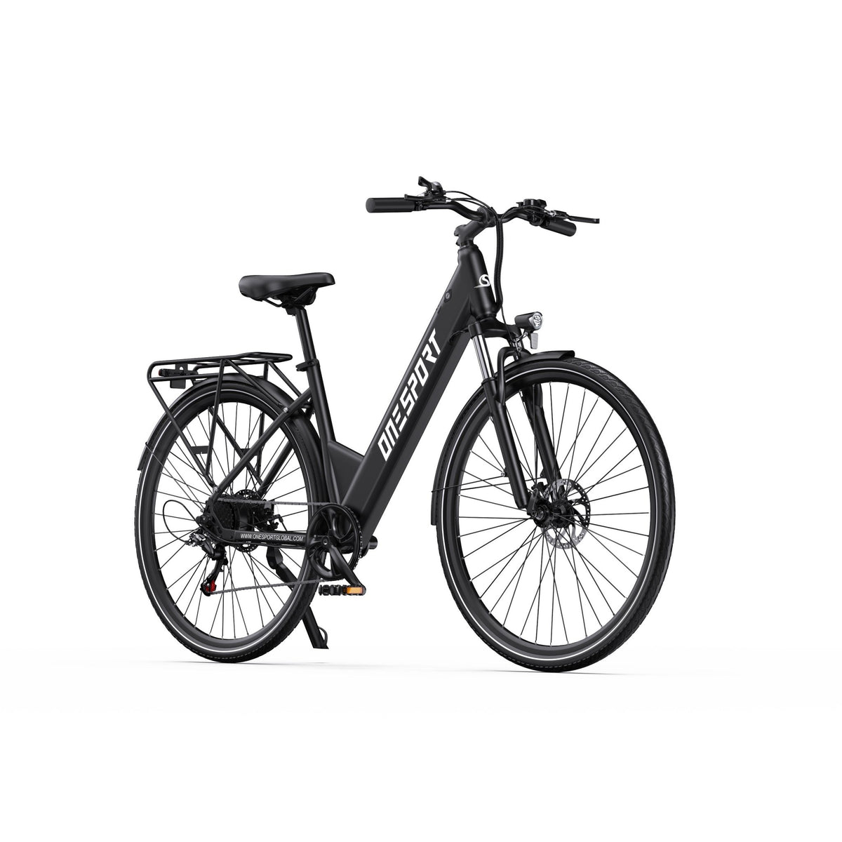 Vélo électrique OneSport OT12, vue de trois-quarts avant en noir