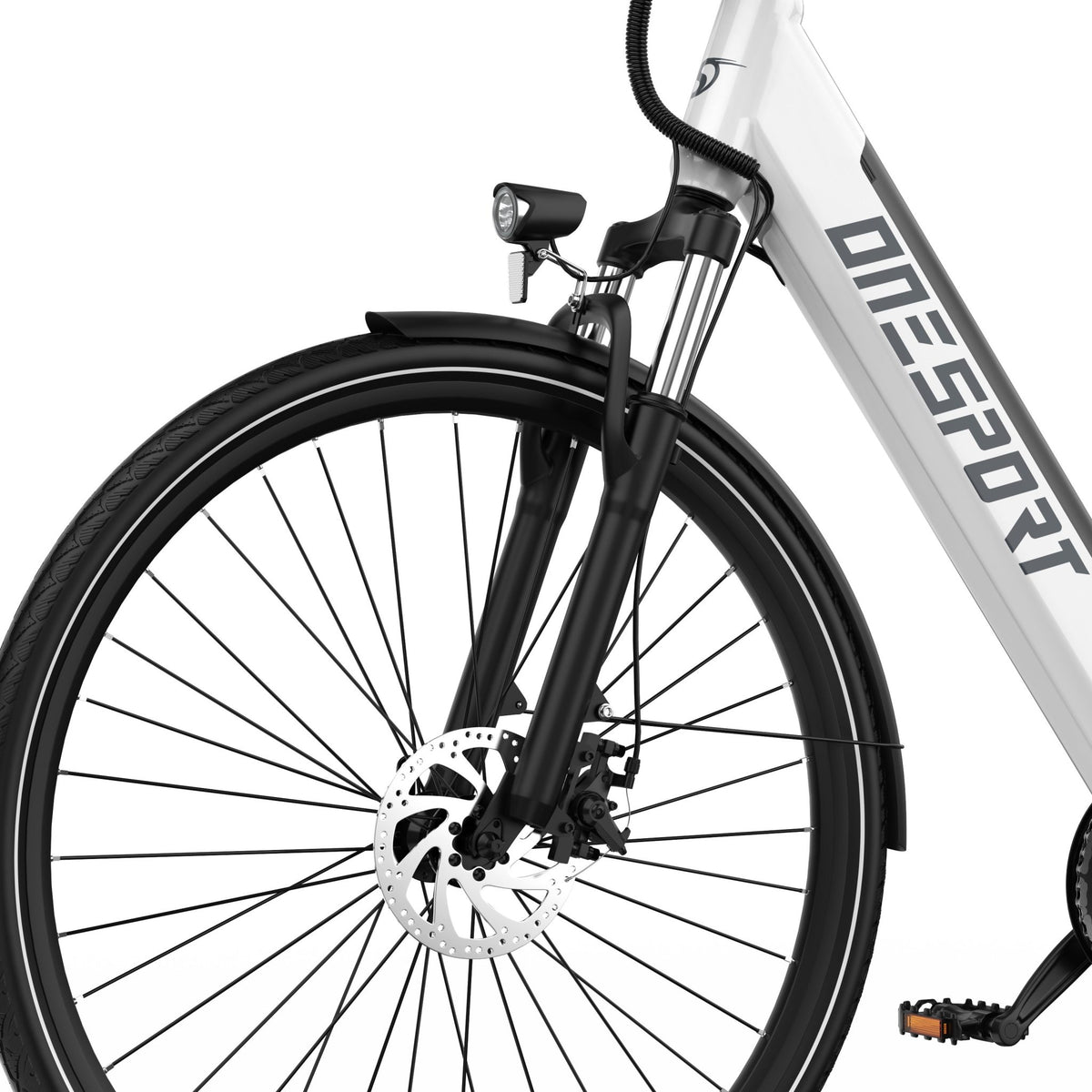 Roue avant et fourche de l'OneSport OT12 coloris blanc