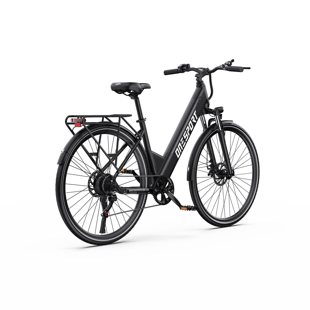 Vélo électrique OneSport OT12, vue de trois-quarts arrière en noir