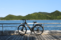 Vélo électrique OneSport OT12 vu de profil coloris noir au bord de la mer