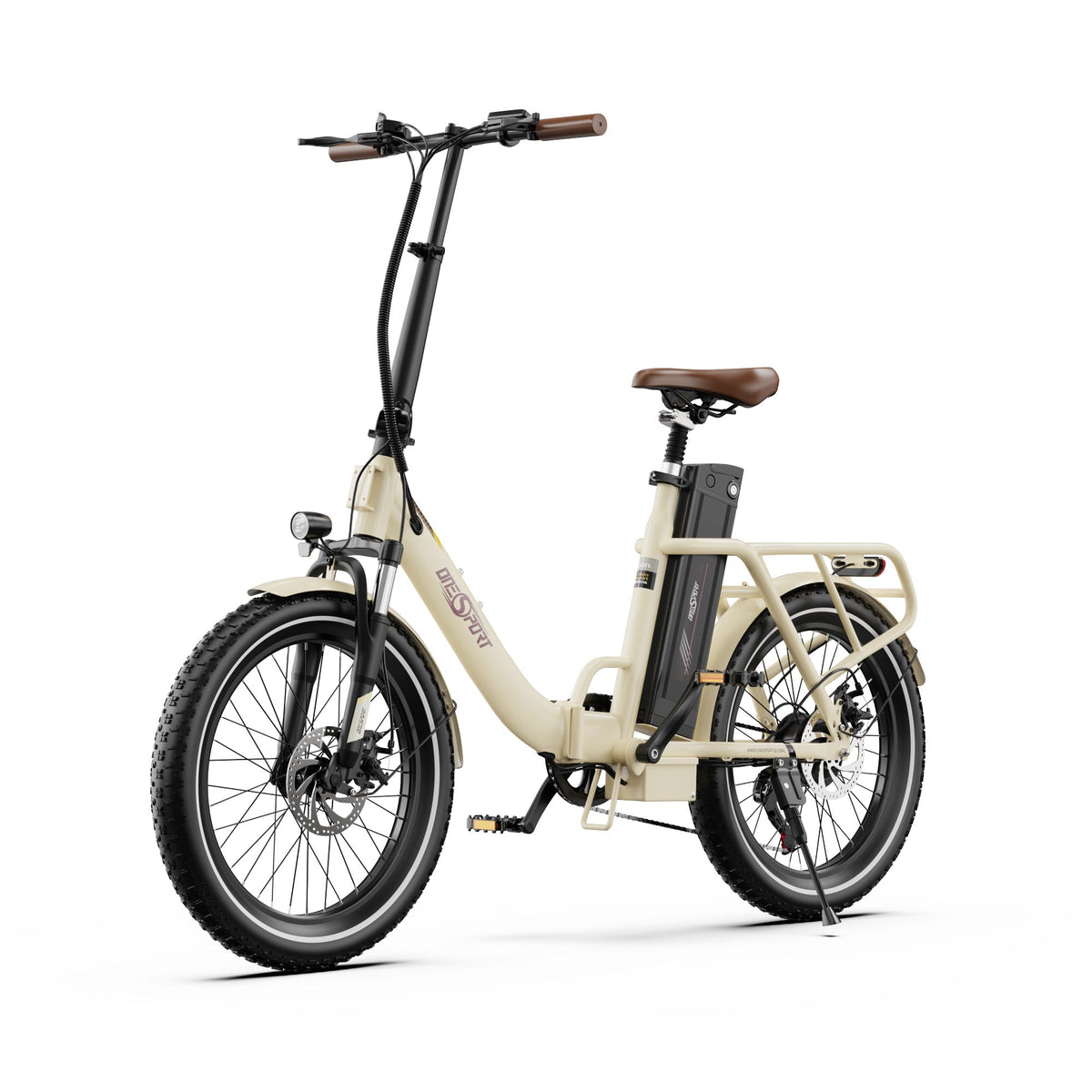 Vélo électrique pliant OneSport OT16-2 vu de trois-quarts avant coloris beige