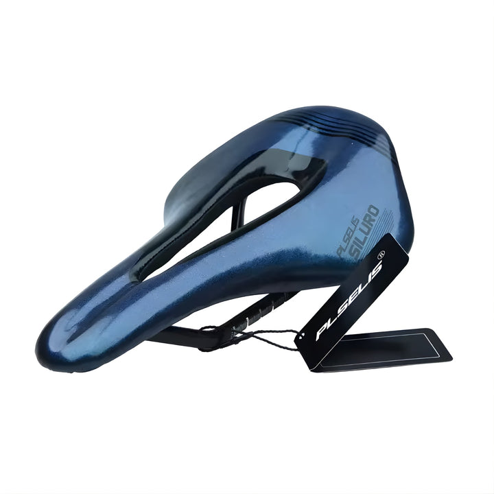 Selle de vélo électrique Carbon Fiber Edition en bleu, vue de biais