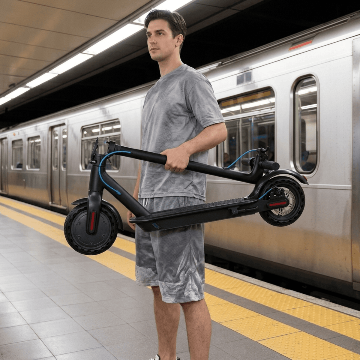 Personne portant la trottinette électrique SEEDREAM RED WING MINI pliée