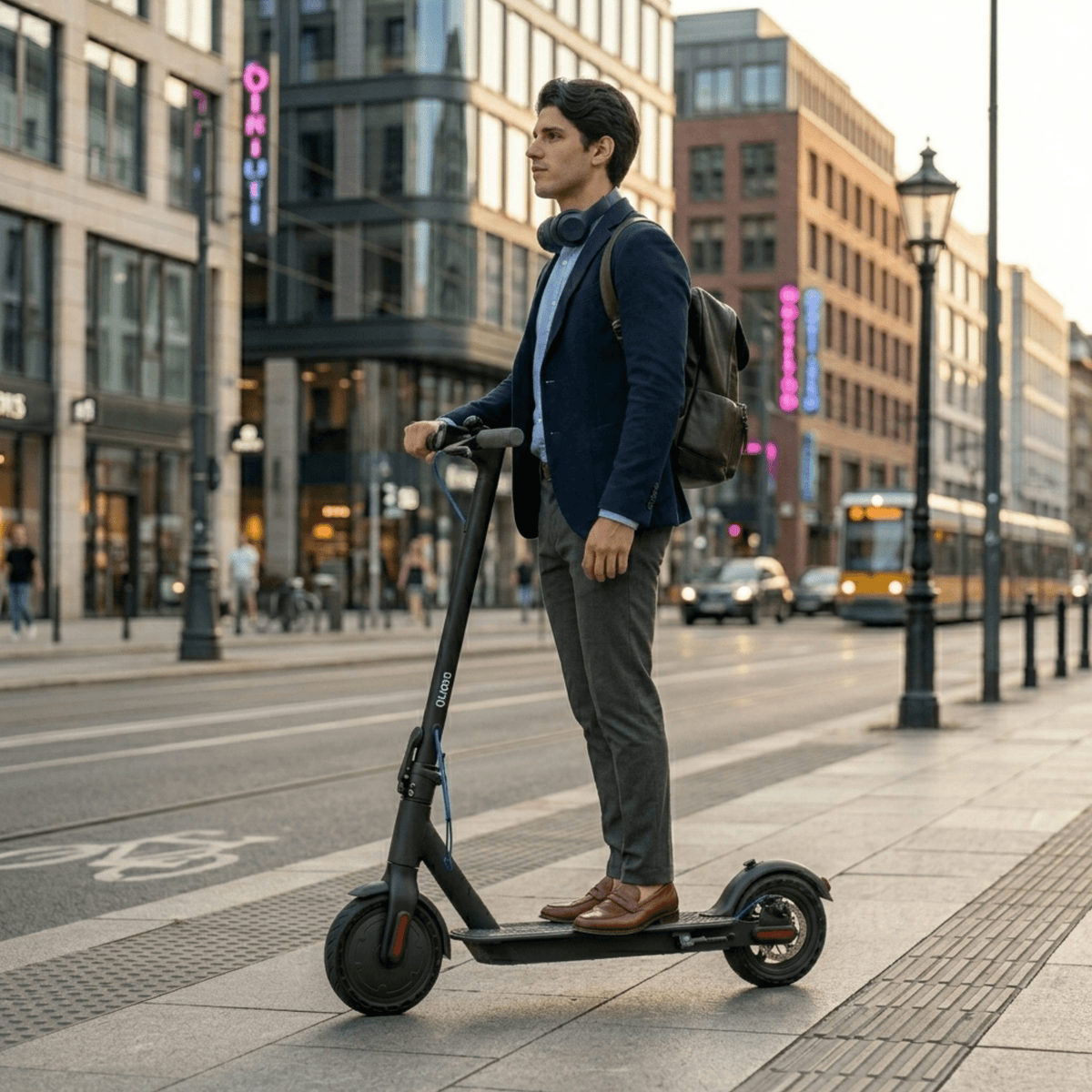 Homme debout avec la trottinette électrique SEEDREAM RED WING MINI en ville