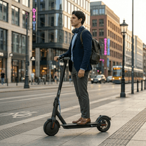 Homme debout avec la trottinette électrique SEEDREAM RED WING MINI en ville
