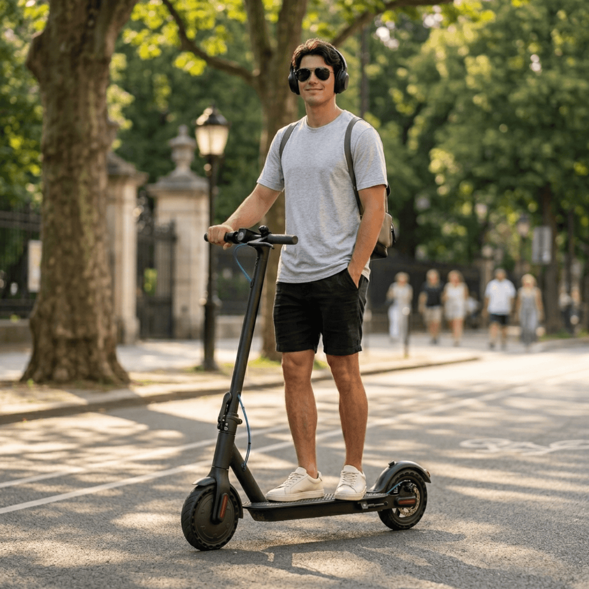 Homme debout avec la trottinette électrique SEEDREAM RED WING MINI dans un parc
