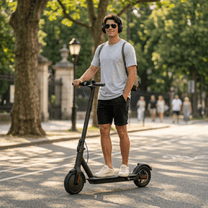 Homme debout avec la trottinette électrique SEEDREAM RED WING MINI dans un parc