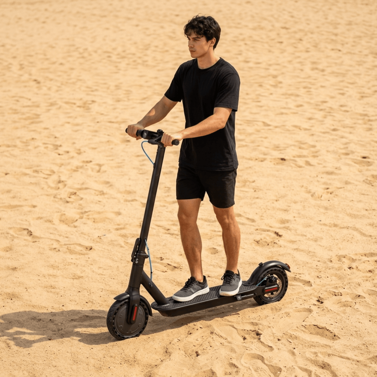 Homme debout avec la trottinette électrique SEEDREAM RED WING MINI sur un terrain sablonneux