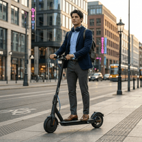 Homme debout avec la trottinette électrique SEEDREAM RED WING MINI en ville