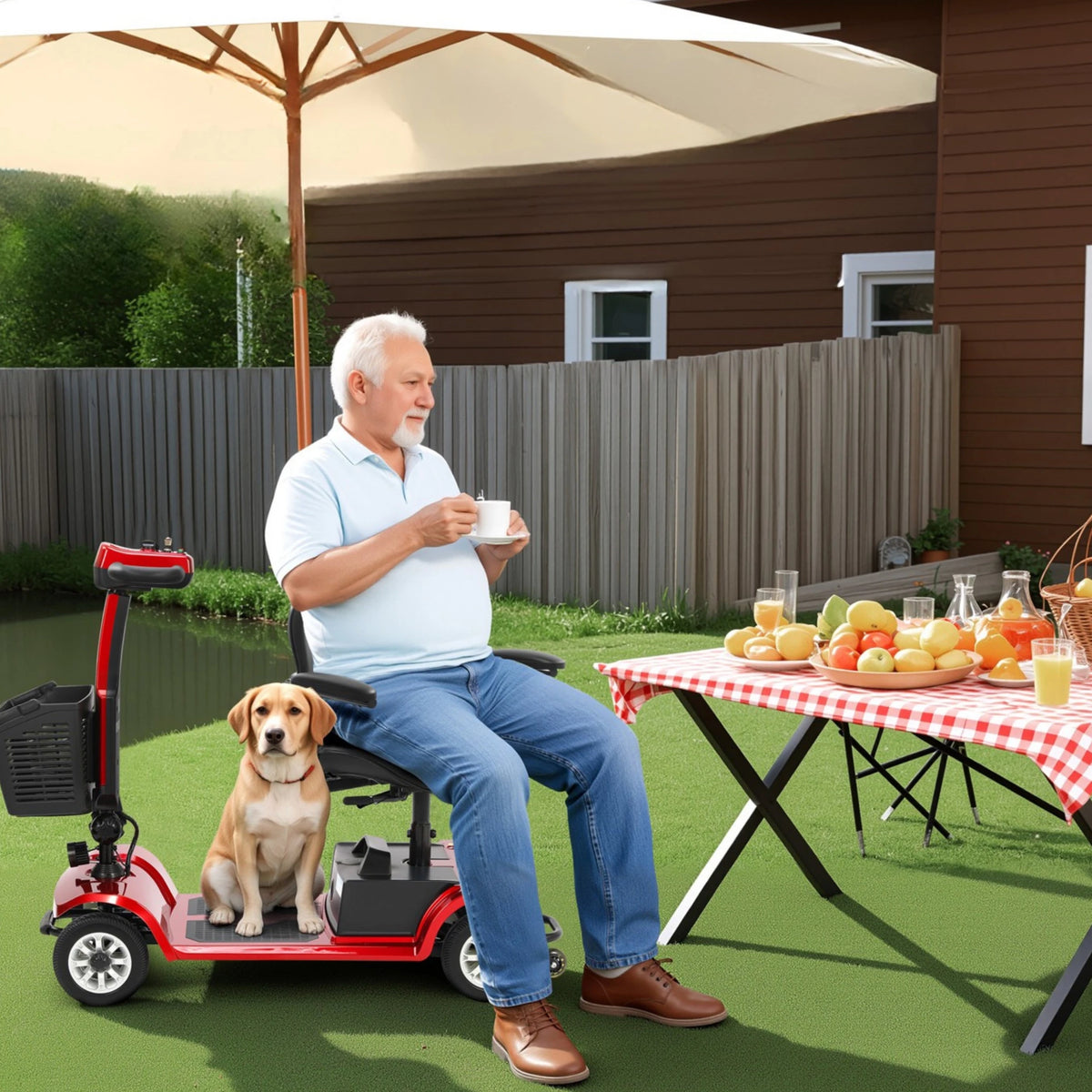 Personne assise à côté du scooter de mobilité SEEDREAM S-02 dans un jardin